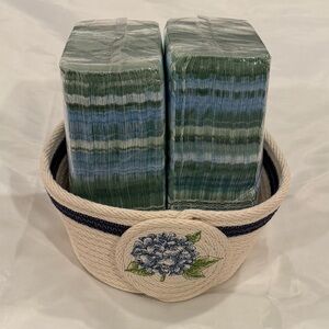 NWT Embroidered Hydrangea Rope Basket With Printed Napkins (SET of 3)